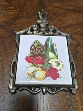 Vintage Floral Fruit Ceramic Tile Cast Iron Trivet MCM Retro Made In Taiwan